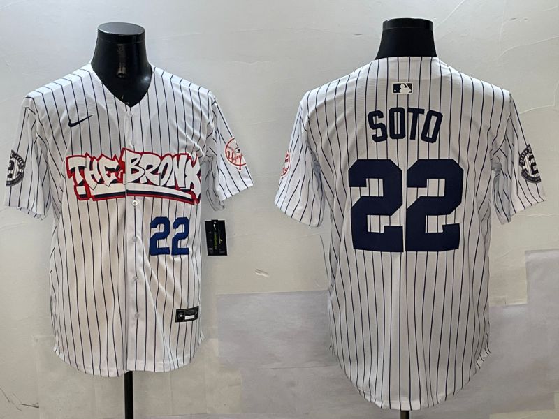Men New York Yankees 22 Soto White Stripe four generations Joint Name 2025 Nike MLB Jersey style 6